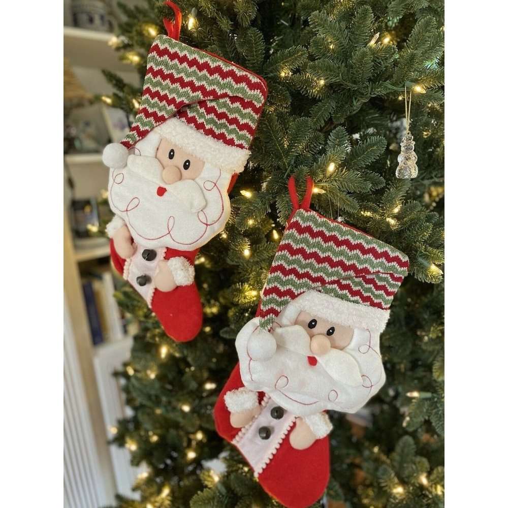 Vintage‎ Christmas Stockings Santa 3D Set of Two With Jingle Bells 15" X 8" EUC